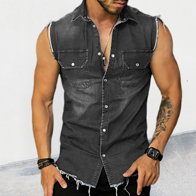 thumbnail image 3 of Chaleco vaquero estilo años 80 para hombre: chaqueta vaquera sin mangas con bolsillos laterales, diseño punk retro, 97 % algodón, tallas S-XXL, 3 of 5